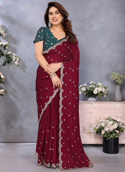 Vellora Maroon Silky Cross Embroidery Work Party Wear Saree