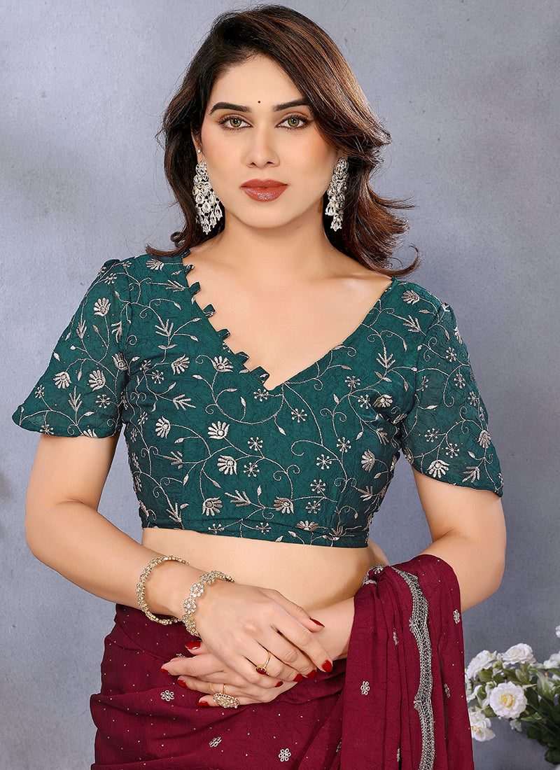 Vellora Maroon Silky Cross Embroidery Work Party Wear Saree