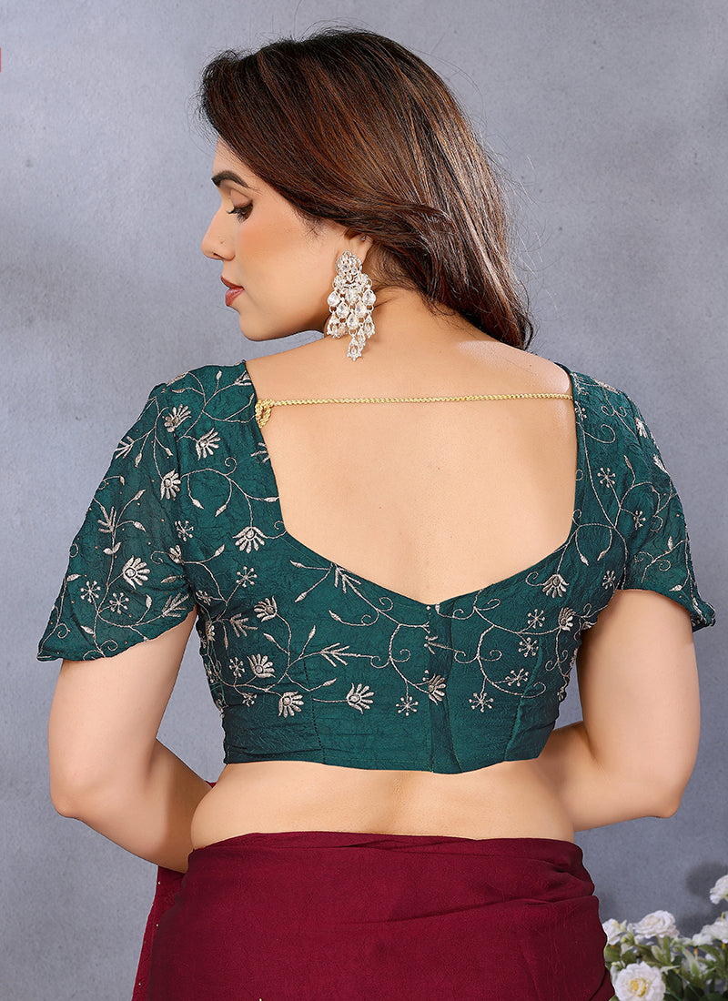 Vellora Maroon Silky Cross Embroidery Work Party Wear Saree