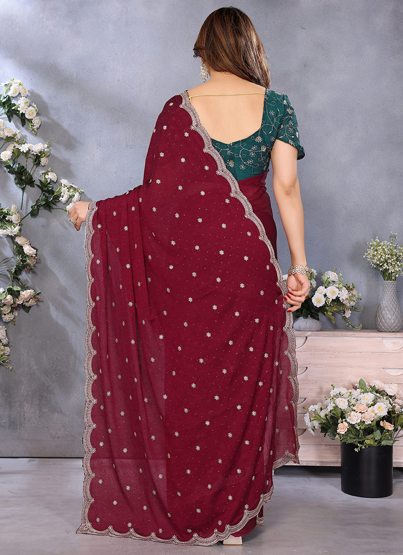 Vellora Maroon Silky Cross Embroidery Work Party Wear Saree