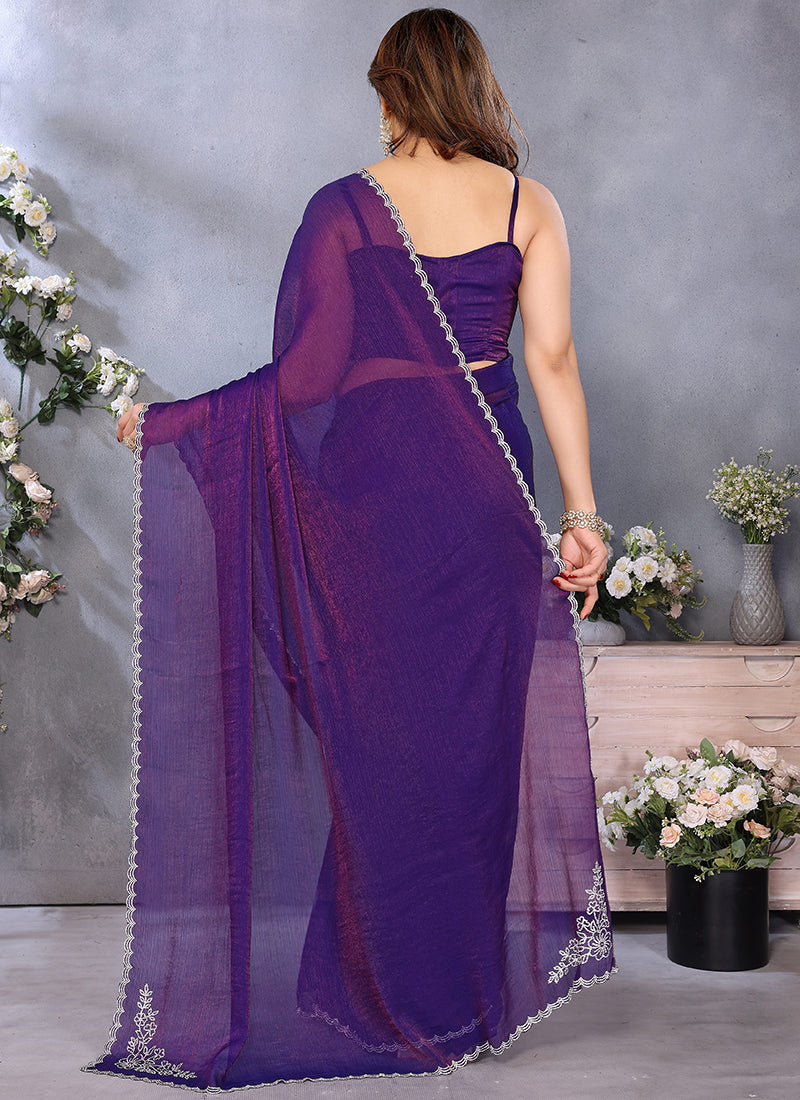 Vellora Violet Fandy Chiffon Lace Embroidery Work Saree