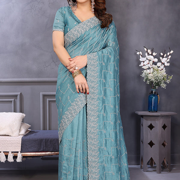 Vellora Sky Blue Vichitra Designer Embroidery Work Saree
