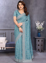 Thumbnail for Vellora Sky Blue Vichitra Designer Embroidery Work Saree
