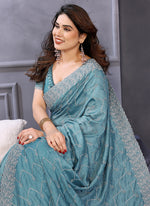 Thumbnail for Vellora Sky Blue Vichitra Designer Embroidery Work Saree