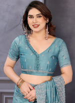 Thumbnail for Vellora Sky Blue Vichitra Designer Embroidery Work Saree