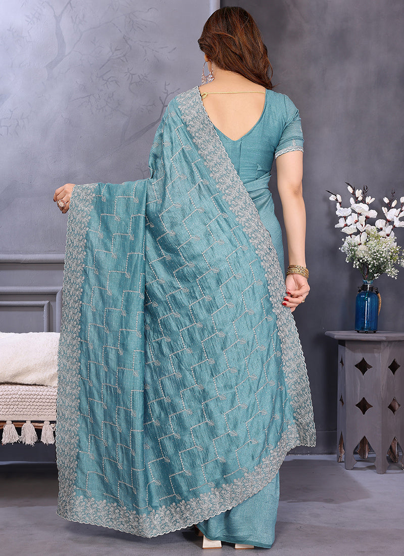 Vellora Sky Blue Vichitra Designer Embroidery Work Saree