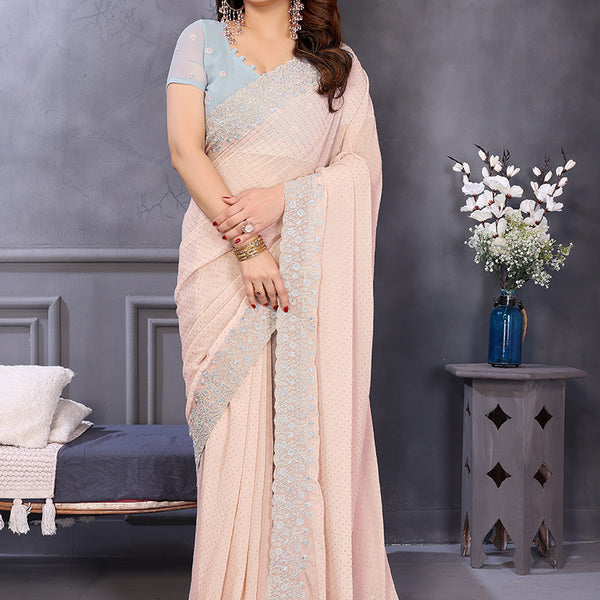 Vellora Dewdrop Cream Georgette Border Work Designer Saree