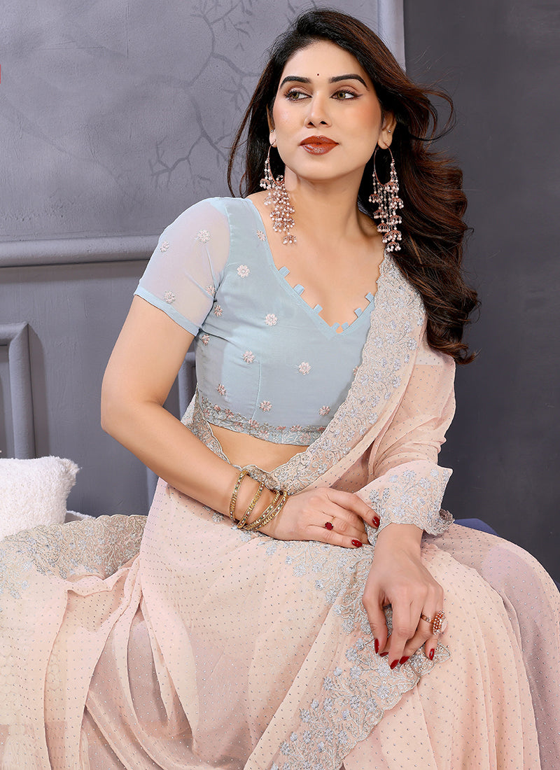 Vellora Dewdrop Cream Georgette Border Work Designer Saree