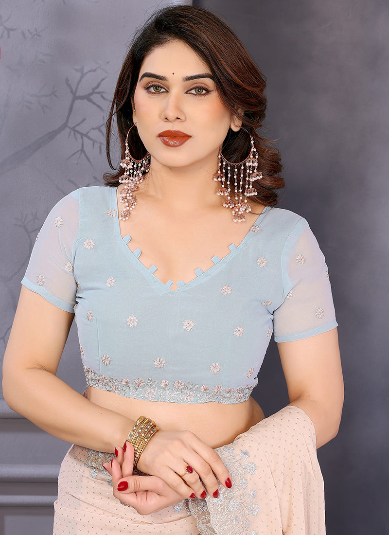 Vellora Dewdrop Cream Georgette Border Work Designer Saree