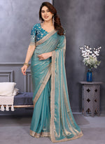 Thumbnail for Vellora Sea Green Fandy Satin Embroidery Work Saree - Distacart
