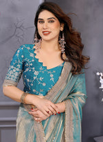 Thumbnail for Vellora Sea Green Fandy Satin Embroidery Work Saree - Distacart