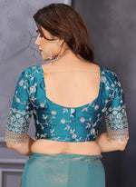 Thumbnail for Vellora Sea Green Fandy Satin Embroidery Work Saree - Distacart