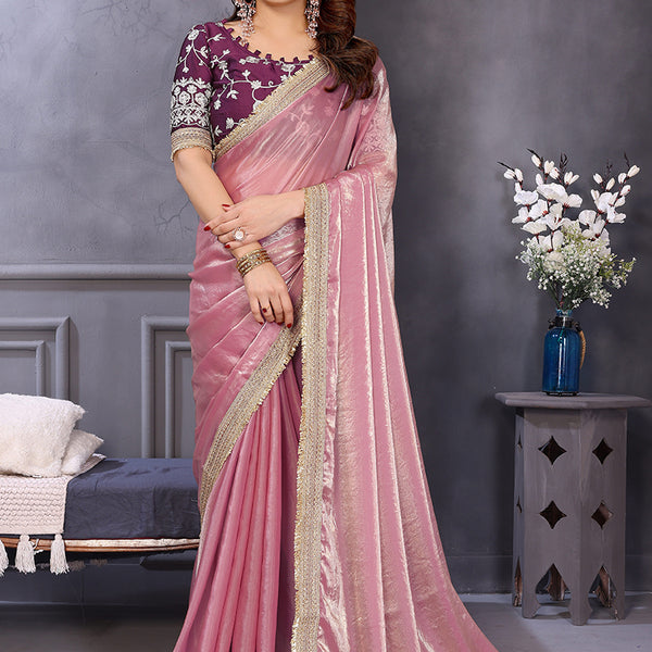 Vellora Pink Fandy Satin Designer Embroidery Work Saree