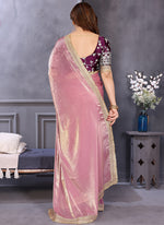 Thumbnail for Vellora Pink Fandy Satin Designer Embroidery Work Saree