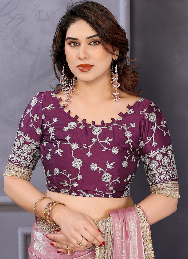 Vellora Pink Fandy Satin Designer Embroidery Work Saree