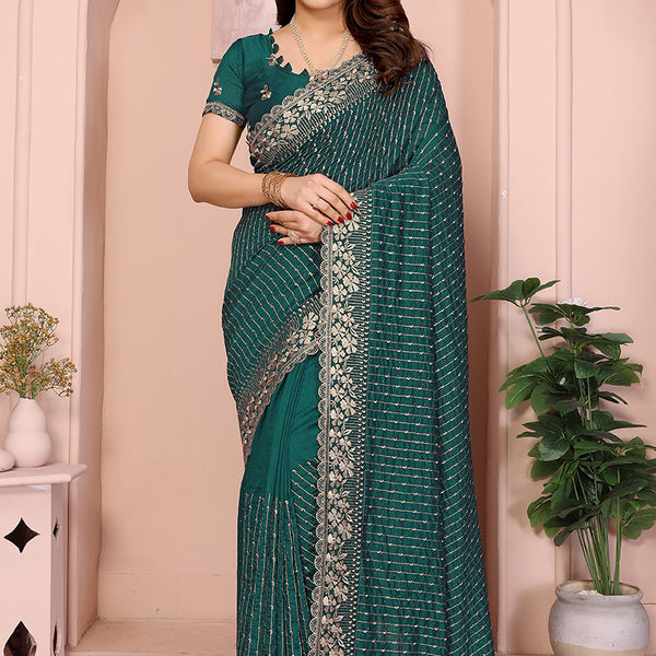 Vellora Green Vichitra Zari Embroidery Work Saree