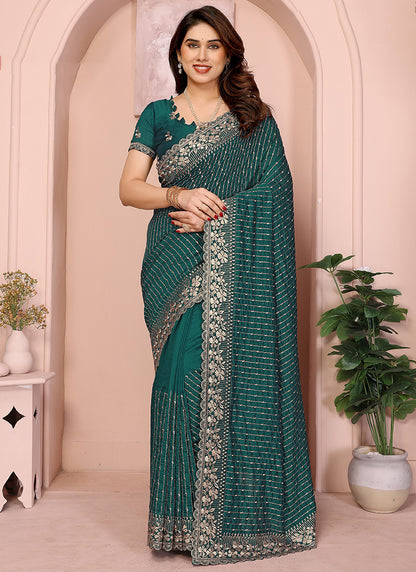 Vellora Green Vichitra Zari Embroidery Work Saree - Distacart