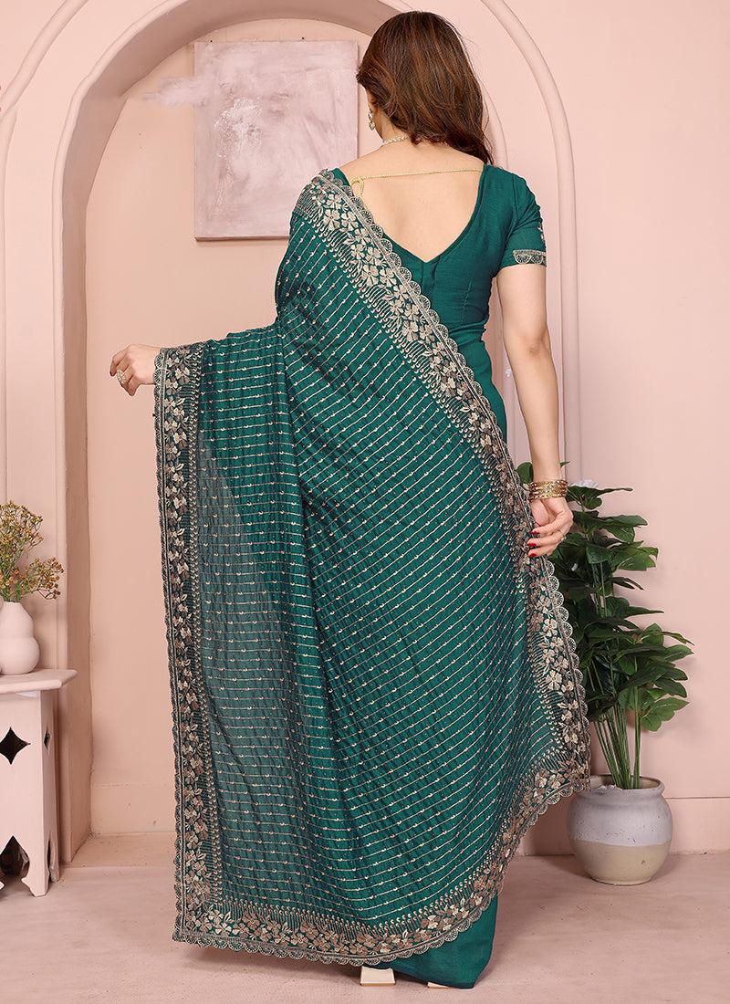 Vellora Green Vichitra Zari Embroidery Work Saree
