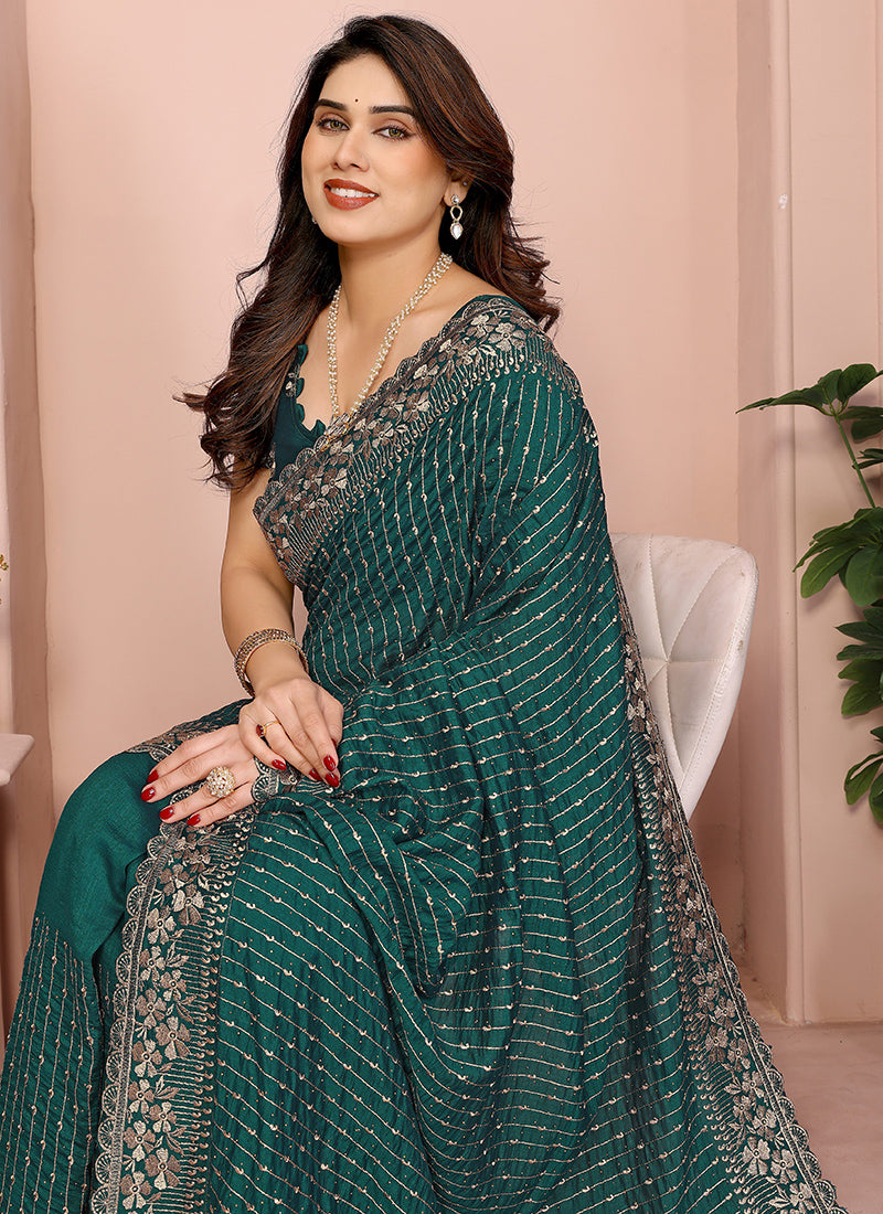 Vellora Green Vichitra Zari Embroidery Work Saree