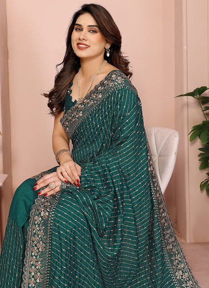 Vellora Green Vichitra Zari Embroidery Work Saree - Distacart