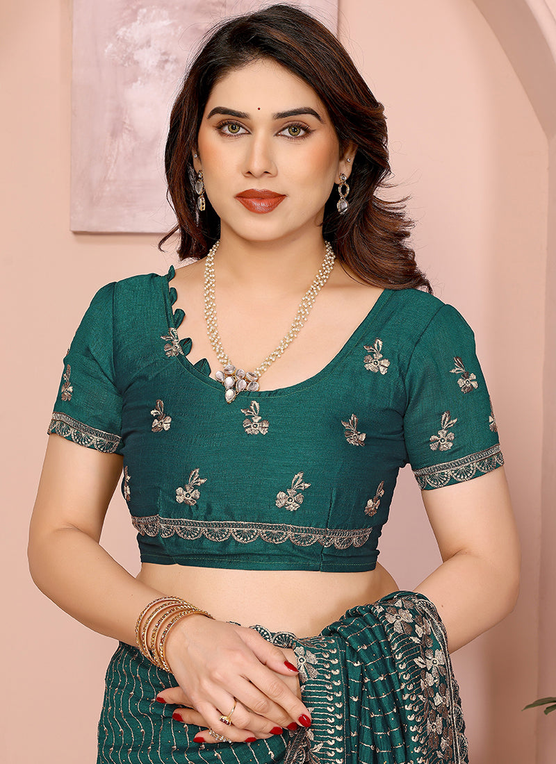 Vellora Green Vichitra Zari Embroidery Work Saree