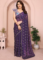 Thumbnail for Vellora Violet Crunchy Cruss Festival Wear Embroidery Work Saree - Distacart