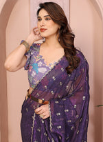 Thumbnail for Vellora Violet Crunchy Cruss Festival Wear Embroidery Work Saree - Distacart