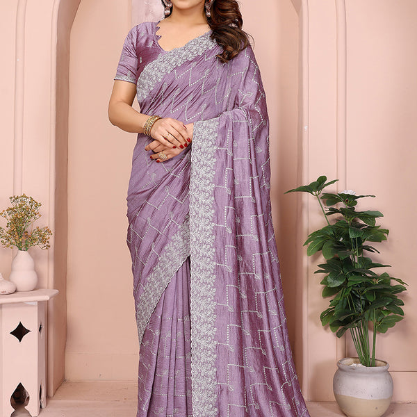 Vellora Dusty Pink Vichitra Embroidery Work Designer Saree