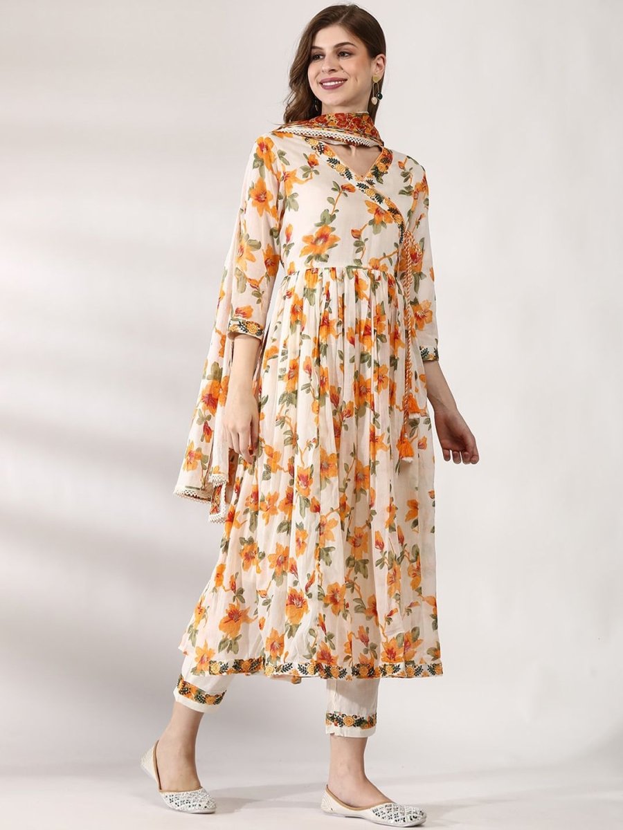 Anouk Floral Printed Angrakha Pure Cotton Straight Kurta with Trousers & Dupatta