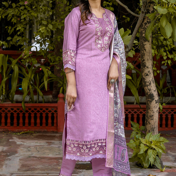 Vellora Silk Blend Lavender Casual Wear Embroidery Work Readymade Salwar Suit