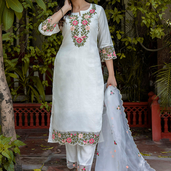 Vellora Silk Blend White Casual Wear Embroidery Work Readymade Salwar Suit