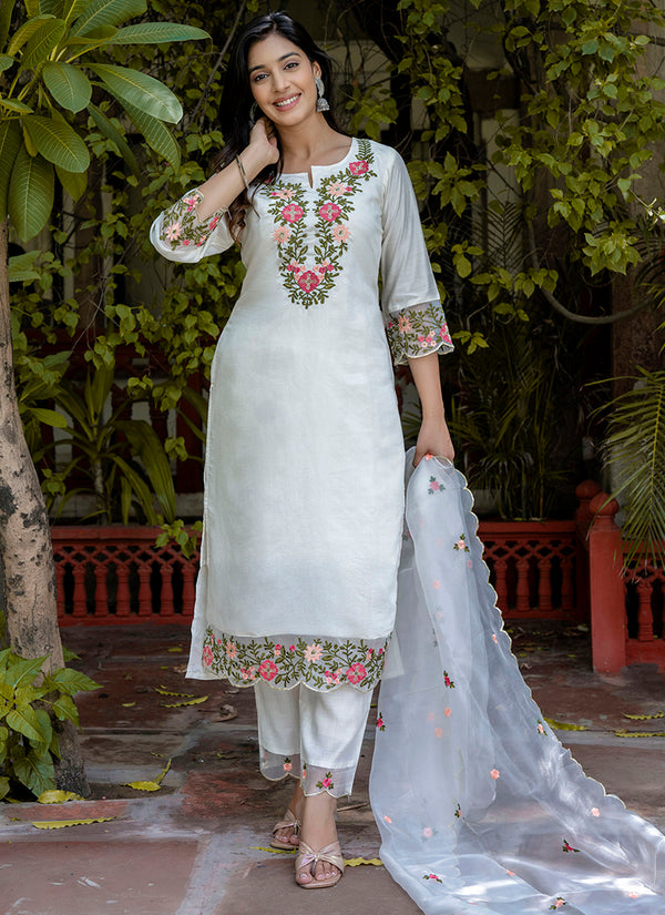 Vellora Silk Blend White Casual Wear Embroidery Work Readymade Salwar Suit