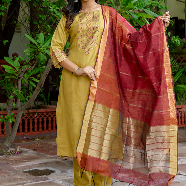 Vellora Cotton Blend Mustard Yellow Casual Wear Foil Print Work Readymade Salwar Suit