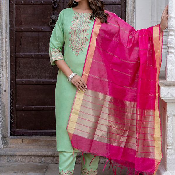 Vellora Cotton Blend Pista Casual Wear Foil Print Work Readymade Salwar Suit