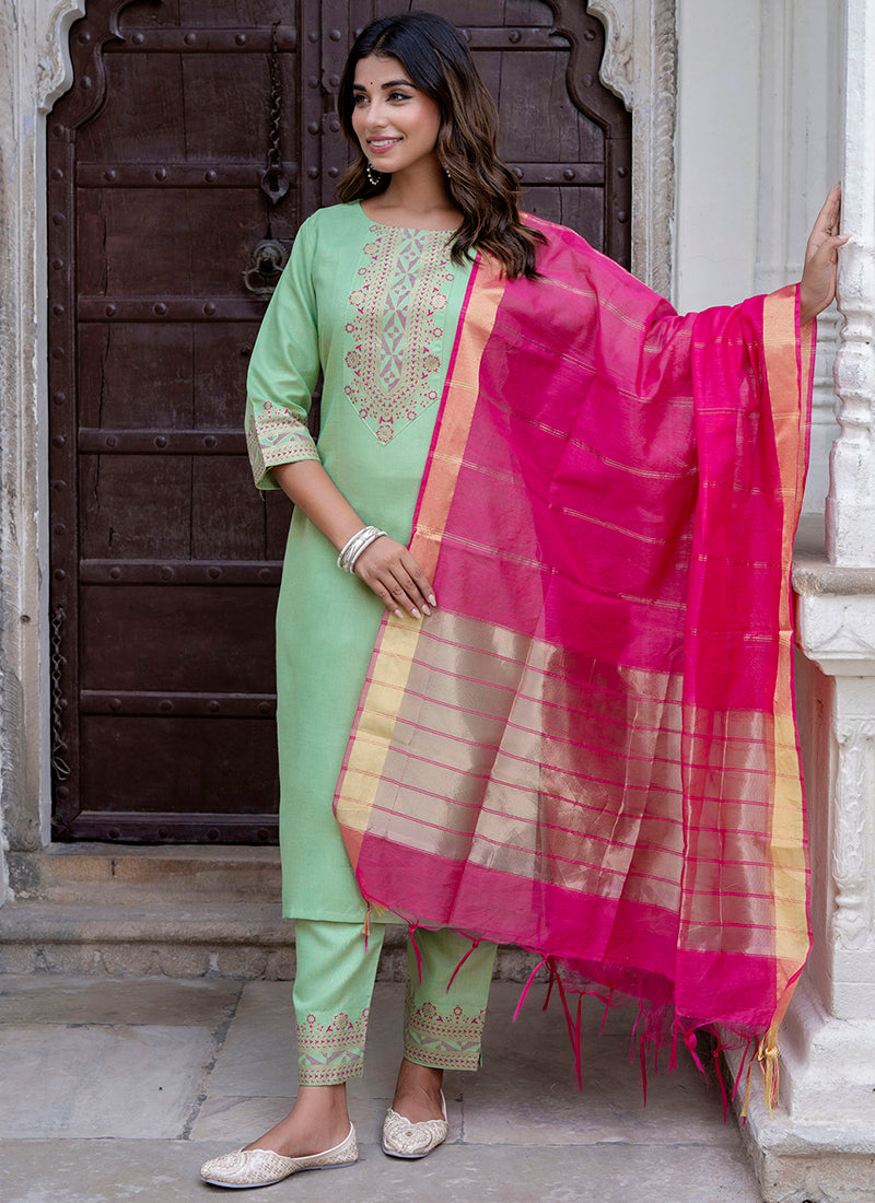 Vellora Cotton Blend Pista Casual Wear Foil Print Work Readymade Salwar Suit