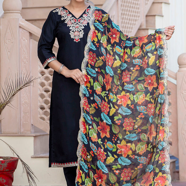 Vellora Silk Blend Black Casual Wear Embroidery Work Readymade Salwar Suit