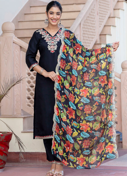 Vellora Silk Blend Black Casual Wear Embroidery Work Readymade Salwar Suit