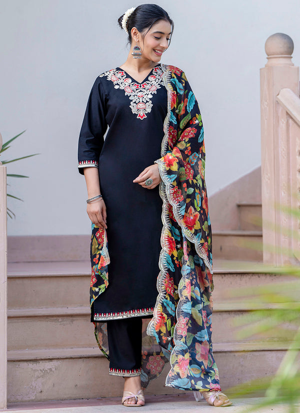 Vellora Silk Blend Black Casual Wear Embroidery Work Readymade Salwar Suit