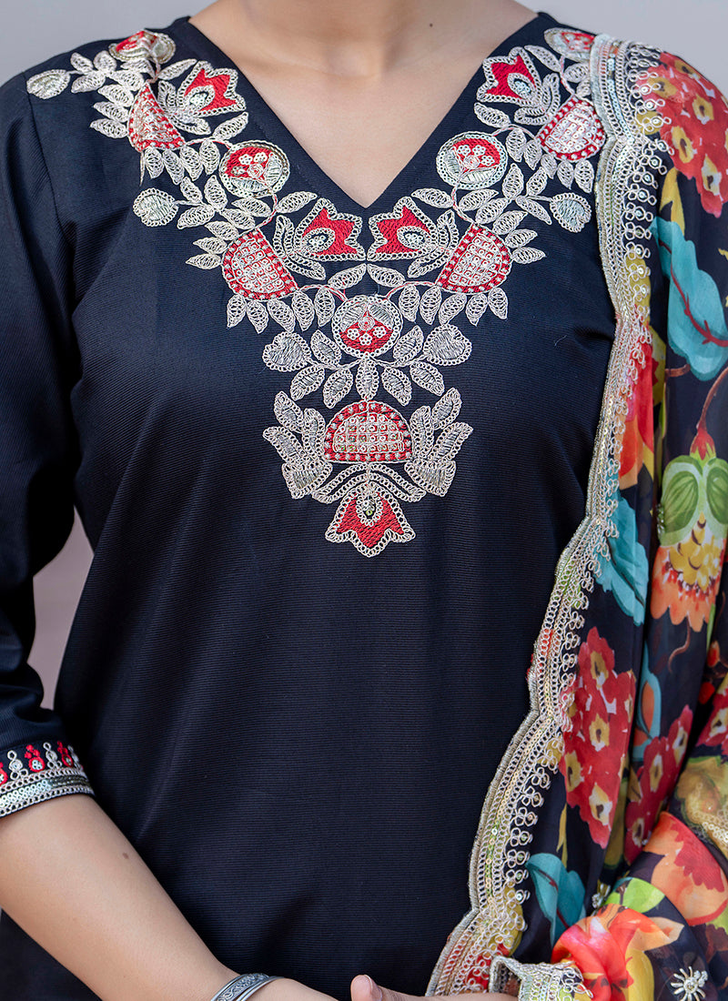 Vellora Silk Blend Black Casual Wear Embroidery Work Readymade Salwar Suit