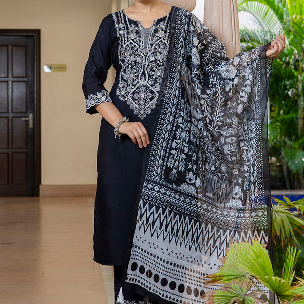 Vellora Silk Blend Black Casual Wear Embroidery Work Readymade Salwar Suit
