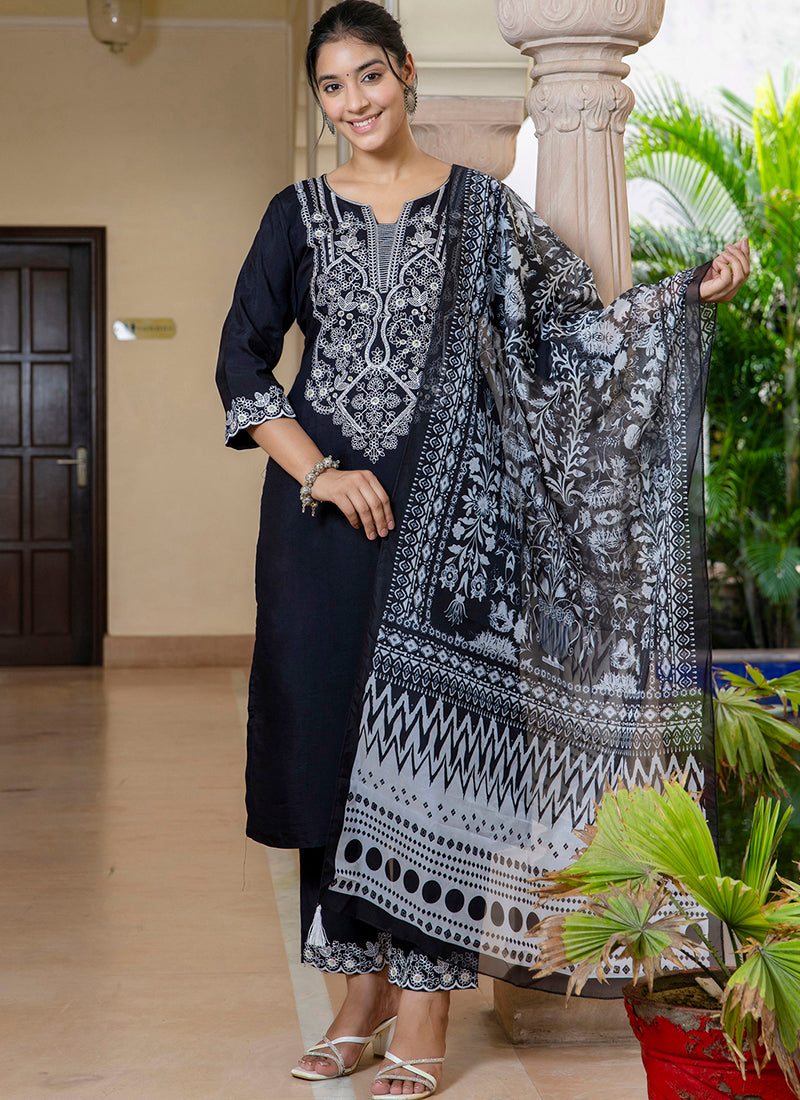 Vellora Silk Blend Black Casual Wear Embroidery Work Readymade Salwar Suit - Distacart