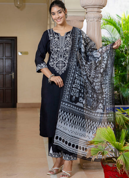 Vellora Silk Blend Black Casual Wear Embroidery Work Readymade Salwar Suit
