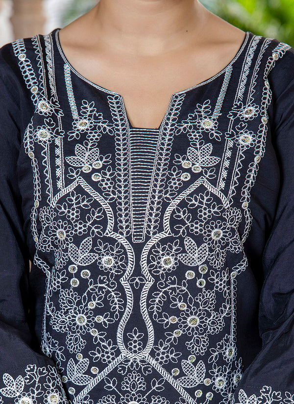Vellora Silk Blend Black Casual Wear Embroidery Work Readymade Salwar Suit
