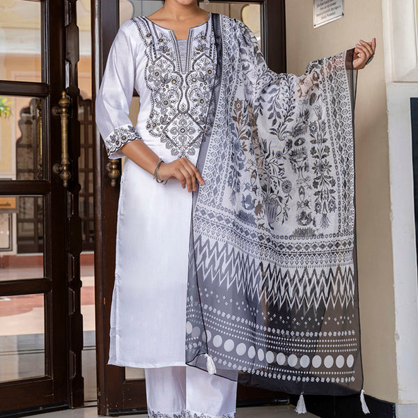 Vellora Silk Blend White Casual Wear Embroidery Work Readymade Salwar Suit