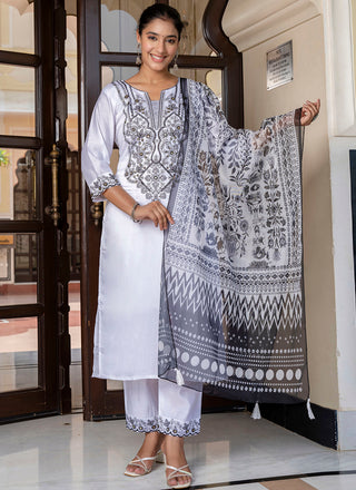 Vellora Silk Blend White Casual Wear Embroidery Work Readymade Salwar Suit