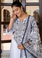 Thumbnail for Vellora Silk Blend White Casual Wear Embroidery Work Readymade Salwar Suit