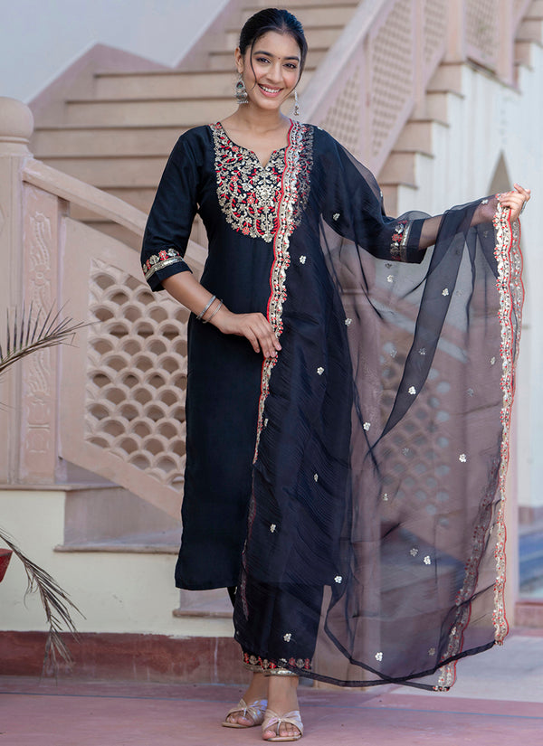 Vellora Silk Blend Black Casual Wear Embroidery Work Readymade Salwar Suit