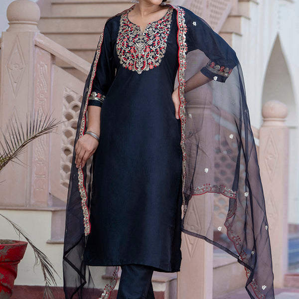 Vellora Silk Blend Black Casual Wear Embroidery Work Readymade Salwar Suit