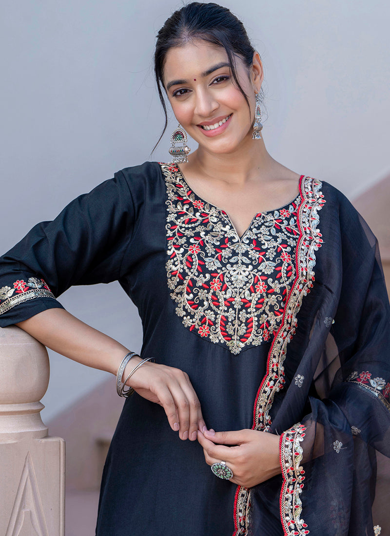 Vellora Silk Blend Black Casual Wear Embroidery Work Readymade Salwar Suit
