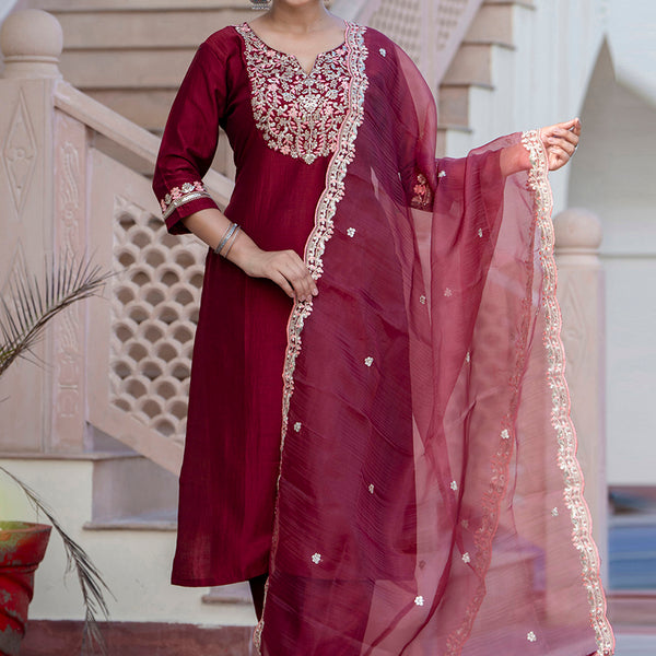 Vellora Silk Blend Maroon Casual Wear Embroidery Work Readymade Salwar Suit